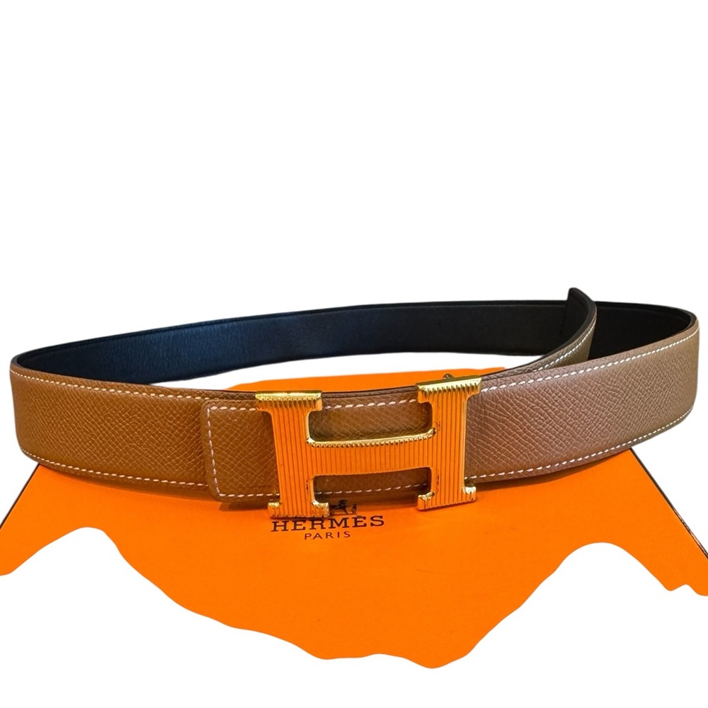 HERMES Gold H Striee Belt Buckle Reversible Strap Black Brown Size 85